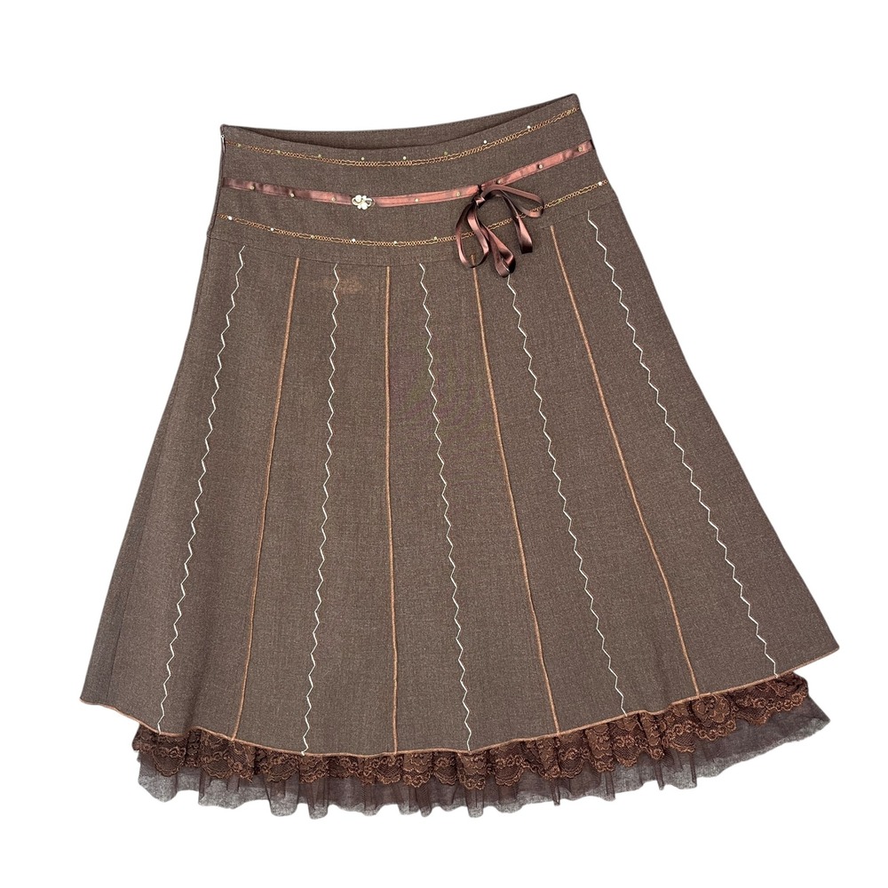 Vintage Brown Midi Skirt Lace Trim Sz 9 W27 Mori Girl Steampunk Grunge Festival